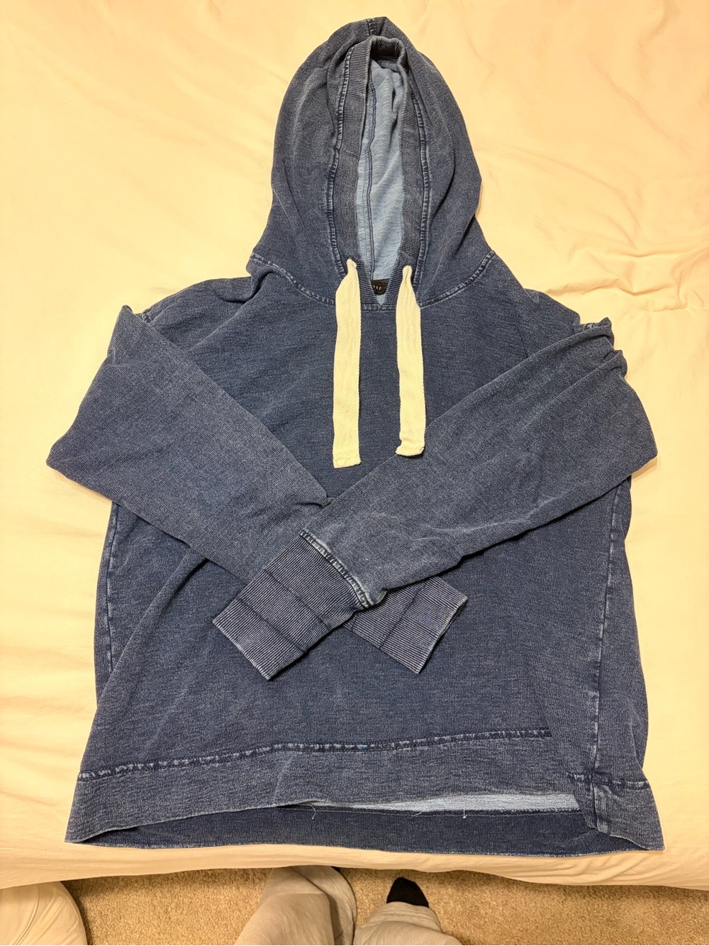 Washed Indigo Pullover Hoodie with Cream Drawstrings